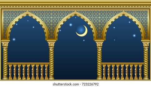 Balcony of a fabulous palace in oriental style with a view of the night sky. Vector graphics