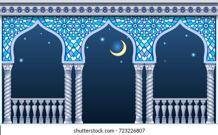 Balcony of a fabulous palace in oriental style with a view of the night sky. Vector graphics
