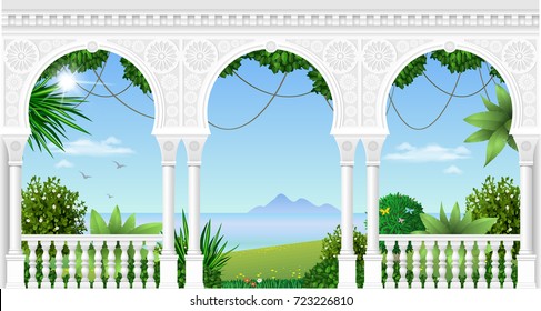 A balcony of a fabulous palace in oriental style with a view of the tropical landscape. Vector graphics