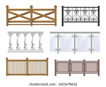 Balcony fence realistic set in classical modern and decorative forged styles isolated vector illustration svg