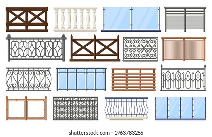 Balcony fence. Wooden, stone and stainless steel handrails, home terrace fencing isolated vector illustration set. Apartment building balcony railing. Architecture banister, metal and glass svg