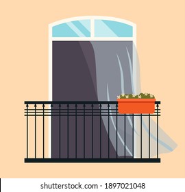 Balcony with flowerpots. Large window with curtains and open shutters vector illustration. Window overlooking the street with the houseplant inside. Balcony isolated on the wall of the building