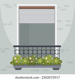 A balcony with flowers and closed blinds