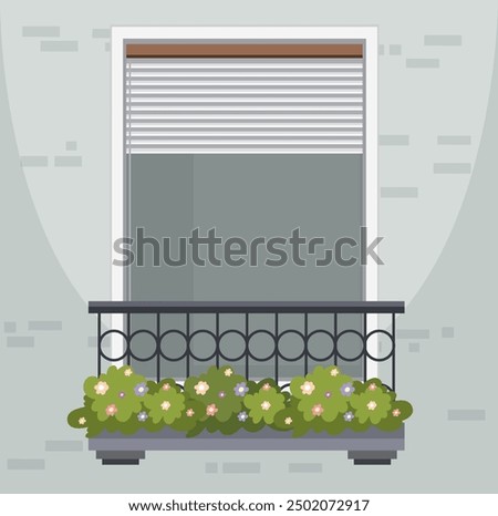 A balcony with flowers and closed blinds