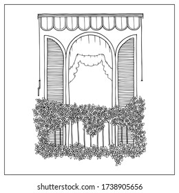 Balcony with flowers pots. Hand draw doodle graphics.