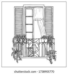 Balcony with flowers pots. Hand draw doodle graphics.