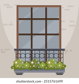 Uma varanda com flores e uma janela