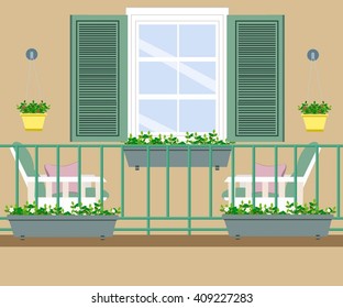 balcony with furniture and flowerpots