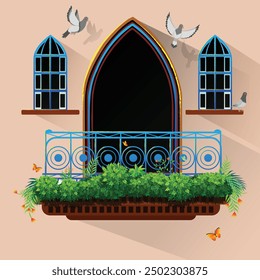 Balcony gallery grill with green leaf, flowers Vector.