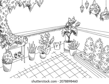 Balcony garden graphic black white interior sketch illustration vector