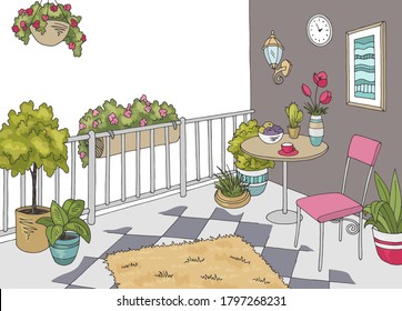 Balcony garden graphic color interior sketch illustration vector 