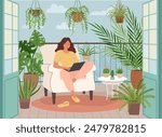 Balcony garden. Home apartment. Green city. Flower plants in pots. Woman working freelance with laptop. ECO house furniture. Terrace porch. Person relaxing. Cozy houseplants. Vector orangery interior