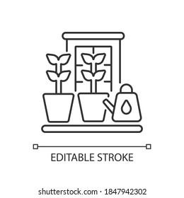 Balcony garden linear icon. Watering plants on windowsill. Cultivate vegetables indoor. Thin line customizable illustration. Contour symbol. Vector isolated outline drawing. Editable stroke