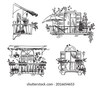 Balcony garden. set of line drawings of cute little gardens of potted plants grown on balconies