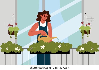 Balcony garden. Woman watering flowers on balcony. Female with water can. Hand drawn vector illustration.