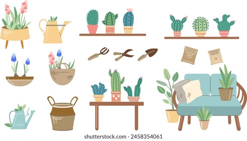 Balcony gardening tool set. Vector illustration of garden elements, spade, pitchfork,  plants, watering can, grass,  rattan sofa, hyacinth, lavender.  Flat style. 