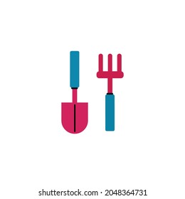 Balcony gardening tools. Icons of small garden shovel and rake for cultivation green plants and flowers. Flat cartoon vector illustration isolated on white background.