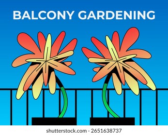 Balcony gardening, urban plants, potted greenery, balcony lattice. Modern flower design. Flat vector illustration on blue sky background.