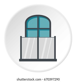 Balcony with a glass fence and an arched window icon in flat circle isolated vector illustration for web