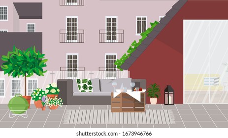 Balcony with glass railing, garden furniture, grill, potted plants and city views.