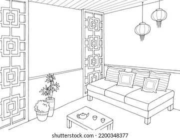 Balcony graphic black white asia interior sketch illustration vector 