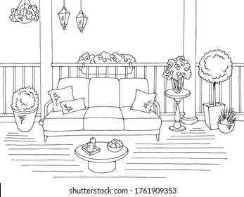 Balcony graphic black white interior sketch illustration vector