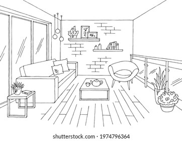 Balcony graphic black white interior sketch illustration vector 