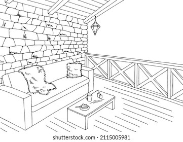 Balcony graphic black white interior sketch illustration vector 