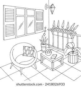 Balkongrafisch-schwarz-weiße Innenausstattung, Skizze Vektorgrafik 