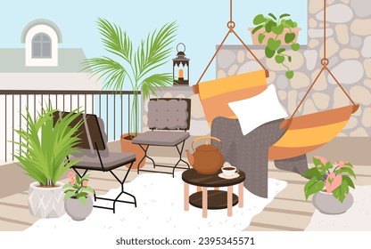 Balcony with home garden and cozy modern furniture for lounge vector illustration. Cartoon interior of open veranda or terrace with potted green plants, comfortable hammock for rest, chairs and table