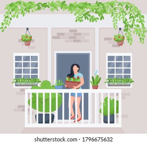 Balcony home garden flat color vector illustration. Woman with potted houseplant. Hanging greenery. Plant cultivation. Female gardener 2D cartoon character with exterior on background