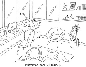 Balcony home office graphic black white interior sketch illustration vector