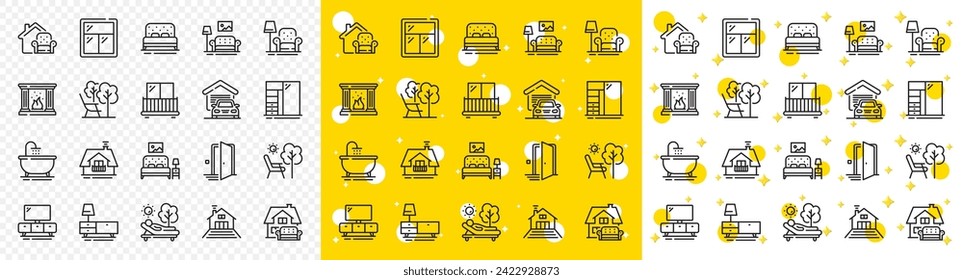 Balcony, house terrace and garden deckchair set. Furniture line icons. Home furniture, bath tub and fireplace line icons. Resort terrace and balcony, outdoor chair. Sliding wardrobe. Vector