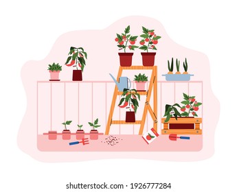 Balcony or house terrace with growing houseplants in pots, cartoon vector illustration isolated on white background. Home garden and house planting hobby.