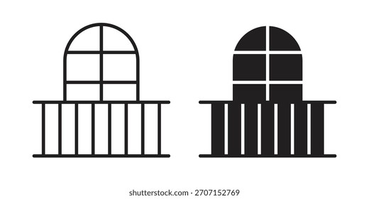 Icono de balcón en un diseño de Vector de trazo negro y versión sólida plana sobre fondo blanco