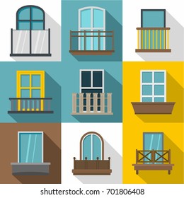 Balcony icons set. Flat set of 9 balcony vector icons for web with long shadow