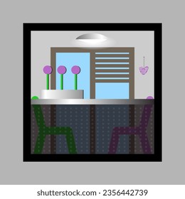 Balcony idea, decor, terrace. Apartment terrace. Balcony with lights, flowers and chairs.