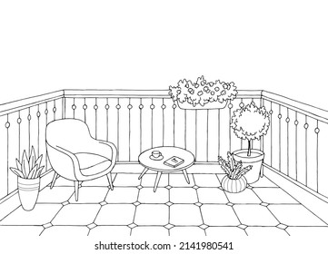 Balcony interior graphic black white sketch illustration vector 