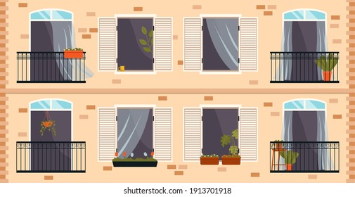 Balcony with iron fence with patterns. Large window with potted plants a set of illustrations. Window overlooking the street with the plant in pot inside. Balcony isolated on the wall of the building