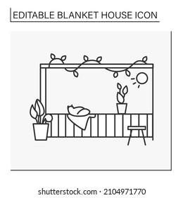 Balcony line icon. Cozy balcony chair, plant decoration and pet cat. Modern home decoration with small lights. Interior design.Blanket house concept. Isolated vector illustration.Editable stroke