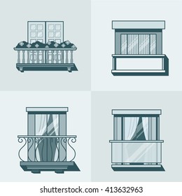 Balcony linear outline architecture building element set. Linear stroke outline flat style vector icons. Monochrome monochromatic icon collection.