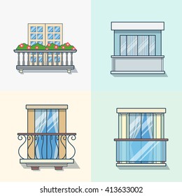 Balcony linear outline architecture building element set. Linear stroke outline flat style vector icons. Color icon collection.
