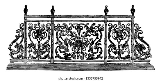 Balcony made of wrought iron, architecture, platform, wall, outside, vintage line drawing or engraving illustration.