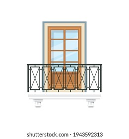 Balcony with metal railing or balustrade isolated home facade construction. Vector balcony of house or apartment building, architecture element. Facade exterior design, doorway and iron forged fence