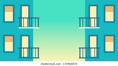 Balcony in modern house in sunset. Urban skyscrapers. Vector cartoon illustration of home facade element, city apartments, outside view. Wall of dwelling house with windows, balconies and railing