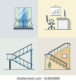 Balcony office workplace ladder linear outline architecture building element set. Linear stroke outline flat style vector icons. Color icon collection.