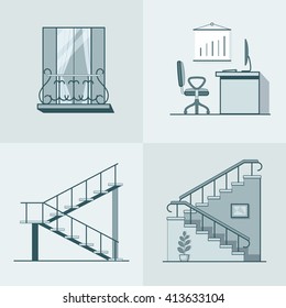 Balcony office workplace ladder linear outline architecture building element set. Linear stroke outline flat style vector icons. Mono color icon collection.