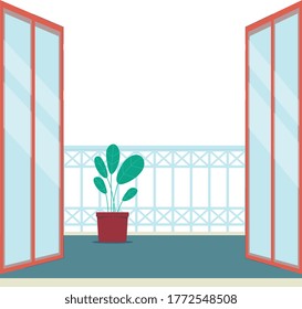 Balcón con puertas dobles abiertas y plantilla de vista vacía. Terraza al aire libre desde la vista interior con decoración de plantas y barandilla, ilustración vectorial plana.
