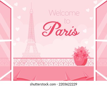 Balcón en París. Torre Eiffel. Ilustración vectorial monocroma rosa. Plantilla de diseño. Estilo de caricatura.