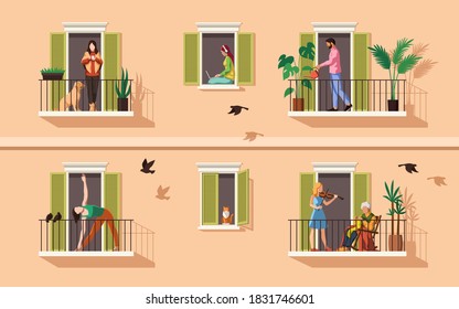 Balcony with people. Persons communicate, relax, playing music and doing yoga on balconies, apartment building characters in flats quarantine period covid-19 pandemic, stay home flat vector concept